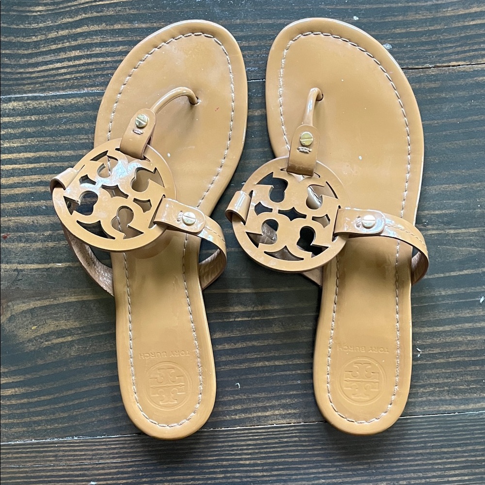 Tory Burch Brown Logo Miller Patent Sandals